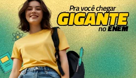 Jovem estudante universitária sorridente usando camiseta amarela e mochila, preparadíssima para o ENEM, com destaque para a frase 'Pra você chegar GIGANTE no ENEM' em fundo colorido. Ideal para quem busca motivação e dicas para o exame nacional.